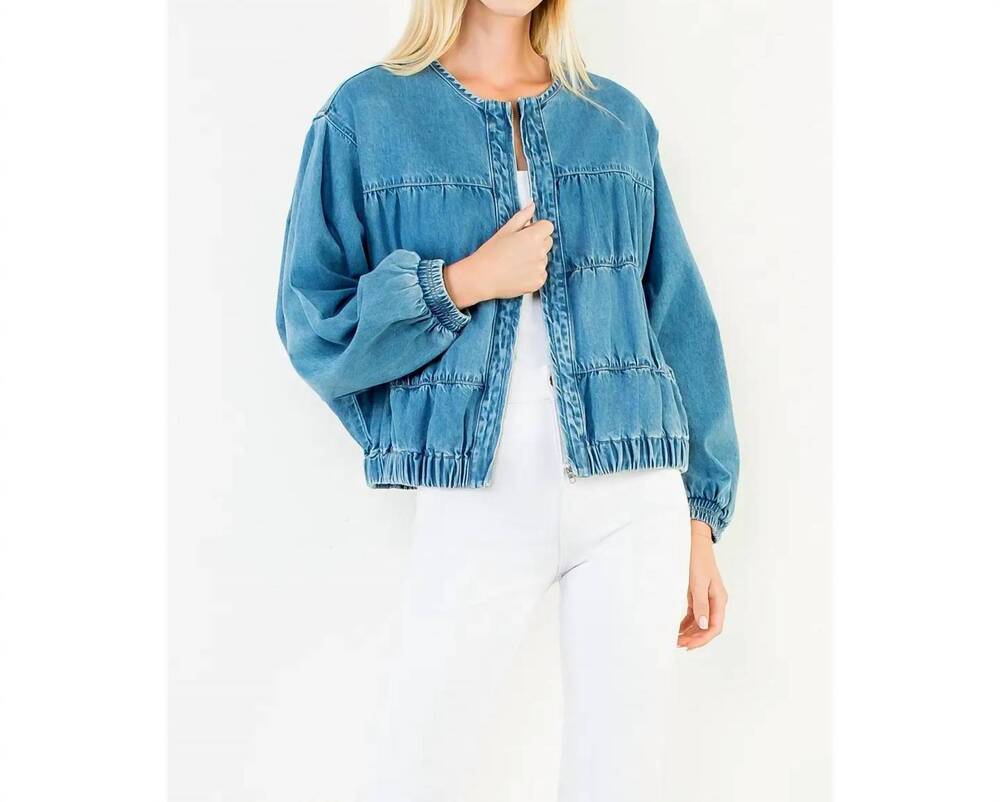 NEW THML women's collarless denim bomber jacket in medium wash